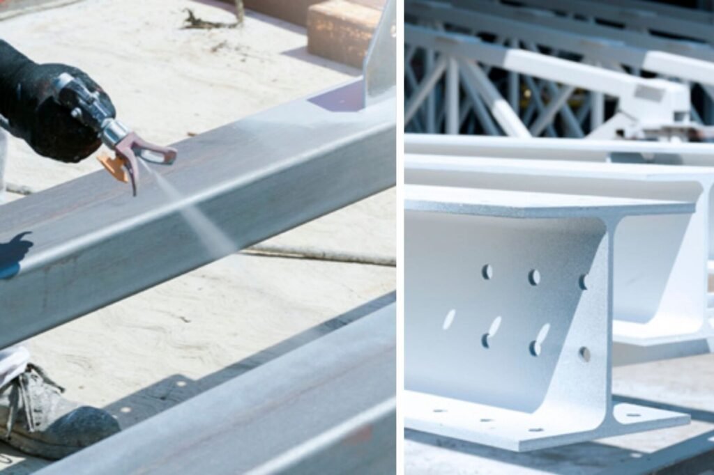 Spray application of Chesterton ARC protective coating on structural steel beams with finished coated components alongside