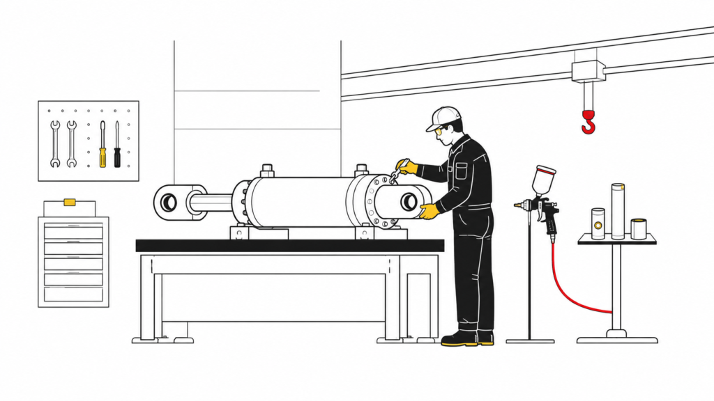 Illustration of a Chesterton technician repairing a hydraulic cylinder in the Katowice service center workshop